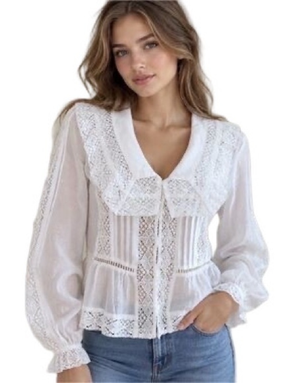 Caroline Constas Margaret Blouse Sz S White Lace Pintuck Ruffle Peplum Top Ecru